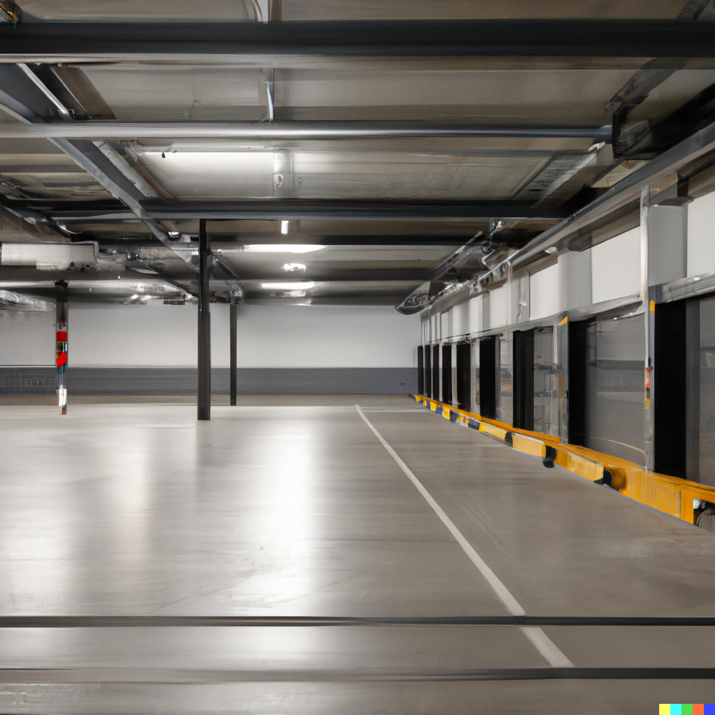 DALL·E 2023 03 09 15.38.31 erstelle ein Bild einer Tiefgarage benutze dazu das Bild https fugenlos.ventas webdesign.de wp content uploads 2023 03 Tiefgarage Beschichtung 1